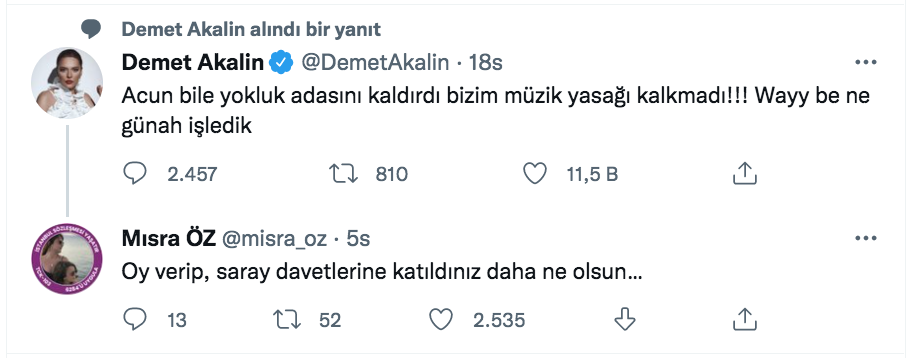 misra oz den demet akalin in muzik yasagi paylasimina olay yanit